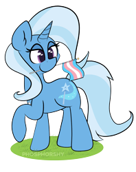 Size: 2377x3000 | Tagged: safe, artist:phosphorshy, character:trixie, species:pony, species:unicorn, g4, chest fluff, ear fluff, female, grass, high res, mare, pride, pride flag, signature, simple background, smiling, solo, standing, trans trixie, transgender, transgender pride flag, transparent background