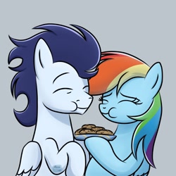 Size: 2200x2200 | Tagged: safe, artist:marakoruluv, character:rainbow dash, character:soarin', species:pegasus, species:pony, ship:soarindash, g4, cookie, duo, duo male and female, eating, eyes closed, female, food, gray background, high res, holding, male, mare, shipping, simple background, stallion, straight