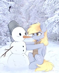 Size: 1270x1556 | Tagged: safe, artist:lerkfruitbat, character:derpy hooves, species:pegasus, species:pony, g4, bucket, clothing, cute, derpabetes, female, folded wings, forest, mare, scarf, signature, sitting, smiling, snow, snowman, solo, striped scarf, tree, wings, winter