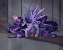 Size: 1645x1289 | Tagged: safe, artist:in4ri_, character:twilight sparkle, character:twilight sparkle (alicorn), species:alicorn, species:pony, g4, clothing, crown, ethereal mane, eyes closed, female, galaxy mane, glowing horn, hoof shoes, horn, jewelry, magic, mare, necklace, older, older twilight, peytral, princess shoes, princess twilight 2.0, regalia, shoes, signature, solo, spread wings, starry tail, tail, wings