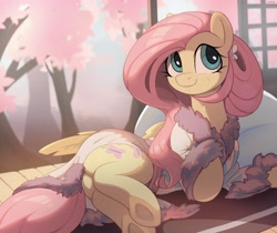 Size: 4000x3358 | Tagged: safe, artist:nookprint, character:fluttershy, species:pegasus, species:pony, g4, bathrobe, blushing, butt, cherry blossoms, clothing, cute, cutie mark, eyelashes, female, flower, flutterbutt, folded wings, frog (hoof), high res, hooves, lying down, mare, on side, pillow, robe, shyabetes, solo, underhoof, wings