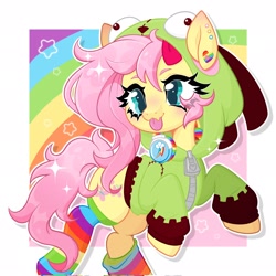 Size: 2048x2048 | Tagged: safe, artist:amuandroid, character:fluttershy, oc, oc:fluttgirshy, species:pegasus, species:pony, g4, antonymph, clothing, cute, female, high res, hoodie, mare, rainbow socks, shyabetes, socks, solo, sparkles, striped socks, tongue out