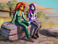 Size: 1200x900 | Tagged: safe, artist:harwick, character:starlight glimmer, character:sunset shimmer, species:eqg human, g4, my little pony:equestria girls, clothing, commission, duo, outdoors, sitting