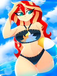 Size: 1500x2000 | Tagged: safe, artist:xan-gelx, character:sunset shimmer, species:human, g4, my little pony:equestria girls, ball, beach ball, belly button, bikini, bikini bottom, bikini top, clothing, cloud, cute, female, inflatable, inflatable toy, legs, legs in the water, legs together, midriff, outdoors, partially submerged, pool toy, shimmerbetes, sky, solo, sun, swimsuit, toy, water, wide hips
