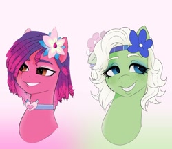 Size: 1022x883 | Tagged: safe, artist:aztrial, character:minty (g5), character:ruby jubilee, species:earth pony, species:pony, g5, beautiful, collar, dreadlocks, flower, flower in hair, gradient background, grin, headband, heart, smiling