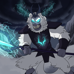 Size: 1024x1024 | Tagged: safe, artist:gingygin, character:storm king, g4, angry, antagonist, armor, claws, cloud, crown, fangs, glowing, glowing eyes, gritted teeth, horns, jewelry, lightning, magic, male, regalia, sharp teeth, solo, staff, staff of sacanas, teeth, yeti
