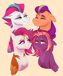 Size: 1280x1526 | Tagged: safe, artist:primrosepaper, character:sunny starscout, character:zipp storm, oc, oc:piña colada, oc:raspberry dusk, species:earth pony, species:pegasus, species:pony, ship:zippscout, g5, adorazipp, bust, colored eyebrows, colored wings, cute, eyebrows, eyes closed, family, female, floppy ears, lesbian, magical lesbian spawn, mare, multicolored wings, ocbetes, offspring, orange background, parent:sunny starscout, parent:zipp storm, parents:sunnyzipp, shipping, simple background, sunnybetes, three quarter view, wings