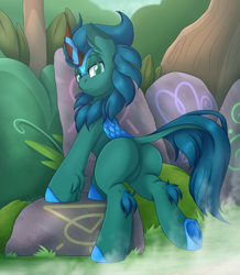 Size: 3513x4030 | Tagged: safe, artist:pearlyiridescence, part of a set, oc, oc:poison trail, species:kirin, butt, cloven hooves, curved horn, explicit source, eyebrows, featureless crotch, from behind, hooves, horn, leonine tail, looking at you, looking back, looking back at you, male, scales, solo, steam, tail