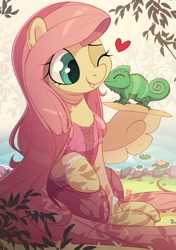 Size: 2817x4000 | Tagged: safe, artist:nookprint, character:fluttershy, species:pegasus, species:pony, g4, chameleon, clothing, crossover, cute, dress, eyebrows, eyelashes, female, hooves, long hair, mare, nuzzling, one eye closed, one hoof raised, pond, rapunzel, shyabetes, sitting, smiling, solo, water, water lily, wing hands, wings