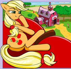 Size: 1221x1184 | Tagged: safe, artist:sallycars, character:apple bloom, character:applejack, character:big mcintosh, species:earth pony, species:pony, g4, apple, apple family member, apple tree, applebutt, barn, butt, digital art, female, filly, foal, food, giant apple, hoof over mouth, legitimately amazing mspaint, lying down, male, mare, ms paint, on side, plot, solo, stallion, sweet apple acres, tree, young