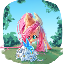 Size: 1160x1168 | Tagged: safe, artist:wolfythewolf555, character:fluttershy, species:pegasus, species:pony, g4, butterfly, cute, eye clipping through hair, female, flower, looking at something, mare, shyabetes, signature, solo