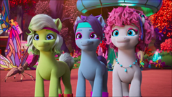 Size: 1920x1080 | Tagged: safe, screencap, character:blue belle (g5), character:minty (g5), character:snuzzle (g5), episode:bridlewoodstock, g5, my little pony: make your mark, my little pony: make your mark chapter 4, 80s, bridlewood, butterfly, clothing, crystal, cute, dreamlands, eyeliner, food cart, forest, headband, jewelry, leg warmers, makeup, necklace, smiling, spotlight, statue