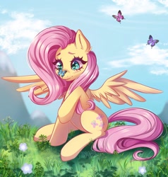 Size: 1750x1837 | Tagged: safe, artist:in4ri_, character:fluttershy, species:pegasus, species:pony, g4, blushing, butterfly, butterfly on nose, cute, female, flower, grass, insect on nose, looking at something, mare, outdoors, raised hoof, shyabetes, sitting, smiling, solo, spread wings, wings