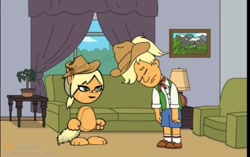 Size: 719x451 | Tagged: safe, artist:joey nigro, screencap, character:applejack, species:anthro, species:human, species:pony, g4, my little pony:equestria girls, alternate hairstyle, angry, apple family member, clothing, couch, cowboy hat, crying, curtain, eyes closed, female, goanimate, goanimate for schools, green eyes, grounded, hat, lamp, plant, vyond
