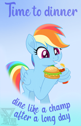 Size: 1150x1788 | Tagged: safe, artist:theretroart88, character:rainbow dash, species:pegasus, species:pony, g4, burger, cup, drink, english, female, food, grammar error, mare, poster, solo, text, wing hands, wings