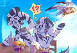 Size: 3428x2351 | Tagged: safe, artist:applemeela, artist:trickate, derpibooru original, oc, oc only, oc:lasari, oc:rayven, species:bird, species:seagull, species:zebra, g4, annoyed, burger, chair, chest fluff, collaboration, cute, ear fluff, exclamation point, female, fluffy, food, french fries, jewelry, laughing, leg fluff, male, necklace, non-pony oc, ocbetes, open mouth, question mark, sandwich, signature, sitting, smoothie, speech bubble, underhoof, water, zebra oc