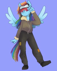 Size: 1647x2043 | Tagged: safe, artist:twilightsparkee, character:rainbow dash, species:anthro, species:pegasus, species:plantigrade anthro, g4, blue background, clothing, female, flight suit, goggles, looking at you, mare, no pupils, simple background, solo, spread wings, wings