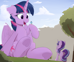 Size: 2000x1681 | Tagged: safe, artist:arcane-thunder, character:rainbow dash, character:starlight glimmer, character:twilight sparkle, character:twilight sparkle (alicorn), species:alicorn, species:pegasus, species:pony, species:unicorn, newbie artist training grounds, g4, 2023, atg 2023, female, flying, frog (hoof), giant pony, giantess, hooves, macro, mare, open mouth, open smile, sitting, size difference, smiling, tree, trio, underhoof