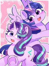 Size: 1537x2048 | Tagged: safe, artist:leo19969525, character:starlight glimmer, character:twilight sparkle, character:twilight sparkle (alicorn), species:alicorn, species:pony, species:unicorn, g4, blushing, cute, duo, duo female, eye clipping through hair, female, glimmerbetes, horn, looking at each other, looking at someone, mare, open mouth, signature, spread wings, twiabetes, underhoof, wings