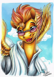 Size: 1751x2504 | Tagged: safe, artist:lupiarts, character:spitfire, species:pegasus, species:pony, episode:rainbow falls, g4, my little pony: friendship is magic, bust, clothing, cloud, colored pencil drawing, comfy, copic, drawing, exercise, flying, high res, illustration, markers, portrait, sky, spread wings, sunglasses, towel, traditional art, training, wings, wonderbolts, workout, workout outfit