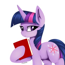 Size: 2000x2000 | Tagged: safe, artist:fv0003, character:twilight sparkle, character:twilight sparkle (unicorn), species:pony, species:unicorn, g4, book, female, high res, holding, horn, looking at you, mare, signature, simple background, solo, white background