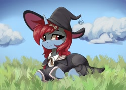 Size: 3500x2500 | Tagged: safe, artist:fv0003, oc, oc only, species:pony, species:unicorn, clothing, cloud, commission, eyebrows, female, grass, hat, high res, horn, looking at you, lying down, mare, outdoors, prone, sky, smiling, smiling at you, solo, unicorn oc