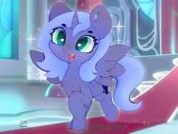 Size: 4000x3000 | Tagged: safe, artist:zokkili, character:princess luna, species:alicorn, species:pony, g4, beanbrows, canterlot throne room, cute, ear fluff, eyebrows, eyebrows visible through hair, female, filly, filly luna, heart eyes, high res, indoors, looking at you, lunabetes, open mouth, open smile, raised hoof, raised leg, signature, smiling, smiling at you, solo, sparkles, spread wings, throne room, wingding eyes, wings, woona, young, younger