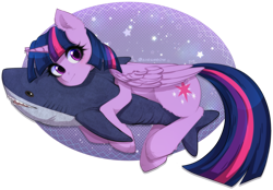 Size: 2845x1976 | Tagged: safe, artist:avrameow, character:twilight sparkle, character:twilight sparkle (alicorn), species:alicorn, species:pony, g4, blushing, blåhaj, cute, eyebrows, eyebrows visible through hair, female, folded wings, high res, horn, hug, looking at you, mare, plushie, shark, shark plushie, signature, solo, toy, transparent background, twiabetes, wings, ych result