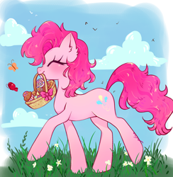 Size: 1210x1240 | Tagged: safe, artist:julieee3e, character:pinkie pie, species:earth pony, species:pony, g4, alternate hairstyle, basket, butterfly, candy, cupcake, cute, diapinkes, ear fluff, eyes closed, female, flower, food, grass, happy, holding, lollipop, mare, mouth hold, profile, raised hoof, raised leg, short hair, smiling, solo