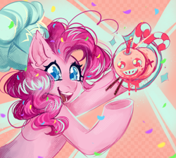 Size: 2000x1800 | Tagged: safe, artist:alexdfcc, character:pinkie pie, species:earth pony, species:pony, g4, abstract background, candle, candy, candy cane, chef's hat, christmas, clothing, colored pupils, cute, diapinkes, female, food, halftone, hat, holiday, mare, open mouth, open smile, smiling, solo, three quarter view, underhoof