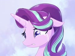 Size: 2048x1526 | Tagged: safe, artist:qwennondeathdie, character:starlight glimmer, species:pony, species:unicorn, g4, abstract background, bust, crying, female, floppy ears, looking down, mare, portrait, sad, sadlight glimmer, solo, teary eyes, three quarter view