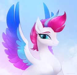 Size: 1972x1902 | Tagged: safe, artist:qwennondeathdie, character:zipp storm, species:pegasus, species:pony, g5, adorazipp, cloud, colored eyebrows, colored wings, cute, eyebrows, female, gradient background, looking at you, mare, multicolored wings, profile, signature, sky, sky background, smiling, smiling at you, solo, spread wings, wings