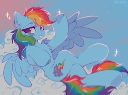 Size: 2048x1513 | Tagged: safe, artist:mirtash, character:rainbow dash, species:pegasus, species:pony, g4, chest fluff, cloud, concave belly, crossed legs, ear fluff, female, grin, looking at you, lying down, lying on a cloud, mare, on a cloud, on back, signature, smiling, smiling at you, smug, smugdash, solo, sparkles, spread wings, underhoof, wings