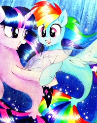 Size: 2322x2952 | Tagged: safe, artist:liaaqila, character:rainbow dash, character:twilight sparkle, species:pony, species:seapony (g4), ship:twidash, g4, bubble, commission, duo, duo female, female, fin wings, fins, high res, horn, lesbian, looking at each other, looking at someone, mare, open mouth, open smile, seaponified, seapony rainbow dash, seapony twilight, shipping, smiling, smiling at each other, species swap, traditional art, underwater, water, wings