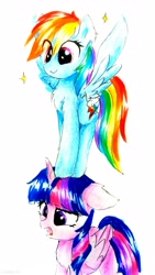 Size: 2156x3834 | Tagged: safe, artist:liaaqila, character:rainbow dash, character:twilight sparkle, character:twilight sparkle (alicorn), species:alicorn, species:pegasus, species:pony, g4, behaving like a bird, confused, duo, duo female, eye clipping through hair, female, folded wings, high res, horn, mare, open mouth, signature, simple background, smiling, sparkles, spread wings, standing on head, traditional art, white background, wings