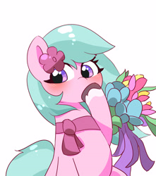 Size: 3000x3400 | Tagged: safe, artist:leo19969525, character:dahlia, species:earth pony, species:pony, g5, adordahlia, blue mane, blue tail, blushing, clothing, coat markings, colored hooves, cute, dawwww, female, flower, flower in hair, high res, hoof over mouth, hooves, mane, mare, purple eyes, scarf, simple background, sitting, socks (coat marking), solo, tail, unshorn fetlocks, white background