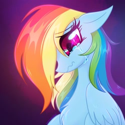 Size: 1908x1908 | Tagged: safe, artist:qwennondeathdie, character:rainbow dash, species:pegasus, species:pony, g4, chest fluff, crying, eye clipping through hair, female, floppy ears, gradient background, looking down, mare, profile, purple background, sad, simple background, solo