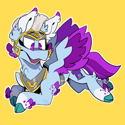 Size: 2000x2000 | Tagged: safe, artist:caprania, character:zoom zephyrwing, species:pegasus, species:pony, g5, cloven hooves, coat markings, colored hooves, colored wings, female, guard, guardsmare, hooves, mare, multicolored wings, open mouth, pegasus royal guard, royal guard, simple background, socks (coat marking), solo, two toned wings, wings, yellow background