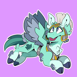 Size: 2000x2000 | Tagged: safe, artist:caprania, character:thunder flap, species:pegasus, species:pony, g5, cloven hooves, coat markings, colored hooves, colored wings, flying, guard, helmet, hooves, male, multicolored wings, open mouth, pegasus royal guard, purple background, royal guard, simple background, socks (coat marking), solo, spread wings, stallion, two toned wings, unshorn fetlocks, wings