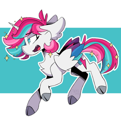 Size: 2000x2000 | Tagged: safe, artist:caprania, character:zipp storm, species:alicorn, species:pegasus, species:pony, g5, chest fluff, cloven hooves, colored hooves, colored wings, female, hooves, horn, mare, multicolored wings, open mouth, profile, race swap, simple background, solo, stars, wings, zippcorn