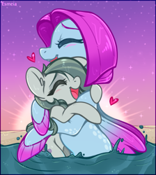 Size: 428x478 | Tagged: safe, artist:esmeia, character:marble pie, character:salina blue, species:earth pony, species:pony, species:seapony (g4), ship:marblina, g4, blushing, crack shipping, cute, duo, duo female, eyebrows, eyes closed, female, females only, fins, floating heart, heart, hug, lesbian, marblebetes, mare, ocean, open mouth, open smile, salinabetes, sand, shipping, sky, smiling, stars, sun, water