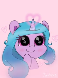 Size: 1200x1600 | Tagged: safe, artist:twiliset, derpibooru original, character:izzy moonbow, species:pony, species:unicorn, g5, bust, cute, gradient hair, heart, heart eyes, izzybetes, looking at you, multicolored hair, pink background, signature, simple background, smiling, solo, wingding eyes