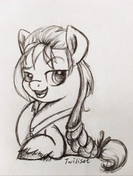 Size: 3077x4049 | Tagged: safe, artist:twiliset, derpibooru original, character:sunny starscout, species:earth pony, species:pony, g5, braid, colored hooves, confident, cute, eyebrows, female, hooves, looking at you, mare, open mouth, pencil drawing, signature, simple background, smiling, smiling at you, sunnybetes, teeth, three quarter view, traditional art, unshorn fetlocks, white background