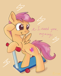 Size: 2236x2794 | Tagged: safe, artist:twiliset, character:scootaloo, species:pegasus, species:pony, g4, bipedal, bipedal leaning, confident, cute, cutealoo, female, filly, foal, leaning, lightning, looking at you, scooter, simple background, smiling, smiling at you, solo, spread wings, standing, talking, text, three quarter view, wings, young