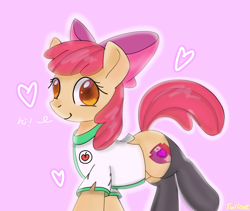 Size: 2720x2297 | Tagged: safe, artist:twiliset, derpibooru original, character:apple bloom, species:earth pony, species:pony, g4, adorabloom, apple, apple family member, clothing, cute, female, filly, foal, food, heart, looking at you, signature, simple background, smiling, smiling at you, solo, three quarter view, young