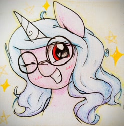 Size: 2622x2653 | Tagged: safe, artist:twiliset, derpibooru original, character:izzy moonbow, species:pony, species:unicorn, g5, alternate eye color, blushing, bust, cute, female, glasses, gradient hair, heart eyes, horn, izzybetes, looking at you, mare, multicolored hair, one eye closed, portrait, red eyes, simple background, smiling, smiling at you, solo, traditional art, wingding eyes, wink, winking at you, wrong eye color