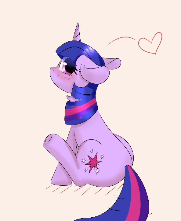 Size: 593x726 | Tagged: safe, artist:twiliset, derpibooru original, character:twilight sparkle, species:pony, species:unicorn, animated, behaving like a dog, beige background, blushing, cute, eye clipping through hair, female, floppy ears, heart, looking at you, looking back, looking back at you, mare, profile, red face, shaking, simple background, sitting, solo, tail, tail wag, underhoof