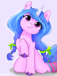 Size: 1080x1440 | Tagged: safe, alternate version, artist:twiliset, derpibooru original, character:izzy moonbow, species:pony, species:unicorn, g5, beautiful, clothing, colored eyebrows, colored hooves, cute, eyebrows, eyebrows visible through hair, gradient hair, hooves, izzybetes, kneeling, lavender background, light, looking at you, multicolored hair, new hairstyle, purple background, raised hoof, signature, simple background, smiling, smiling at you, socks, solo, stockings, thigh highs, unshorn fetlocks