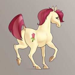 Size: 2500x2500 | Tagged: safe, artist:aquaticvibes, character:roseluck, species:earth pony, species:pony, g4, butt, cutie mark, dock, eyebrows, eyelashes, female, hoers, looking at you, looking back, looking back at you, mare, simple background, smiling, solo, tail, trotting, underhoof