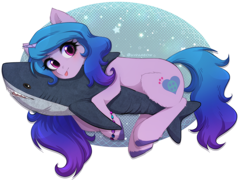 Size: 2718x2054 | Tagged: safe, artist:avrameow, manebooru spotlight, character:izzy moonbow, species:pony, species:unicorn, g5, blep, blåhaj, bracelet, cute, eyebrows, eyebrows visible through hair, female, friendship bracelet, high res, horn, hug, izzybetes, jewelry, looking at you, mare, plushie, shark, shark plushie, signature, solo, tongue out, toy, transparent background, unshorn fetlocks, ych result